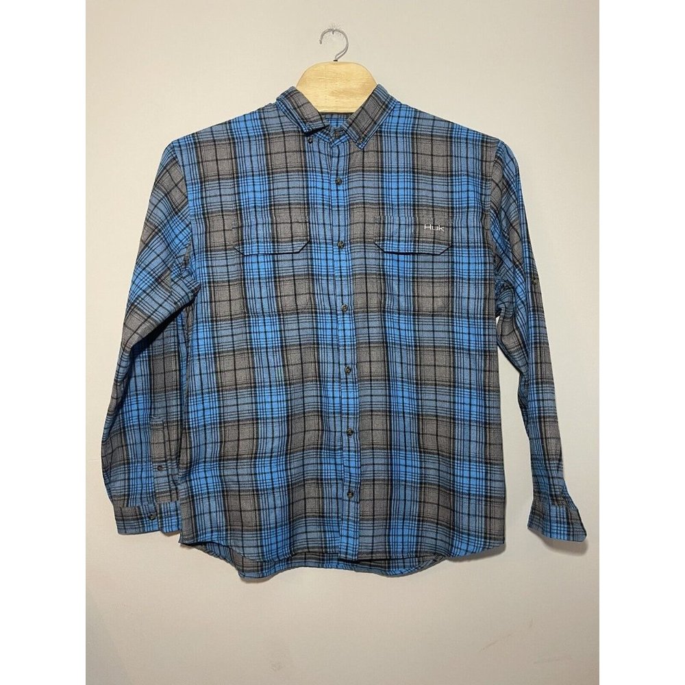 Huk Shirt Mens 2XL XXL Blue Gray‎ Button Up Long Sleeve Flannel Outdoors Adult